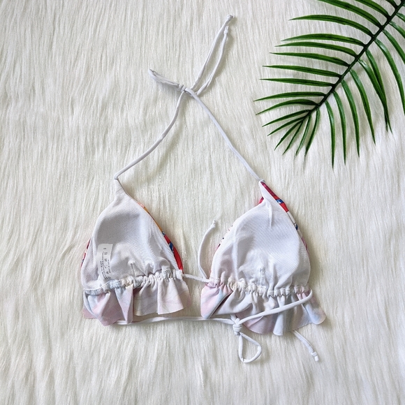 Pink Tropical print triangle ruffle trim bikini top - Picture 3 of 8